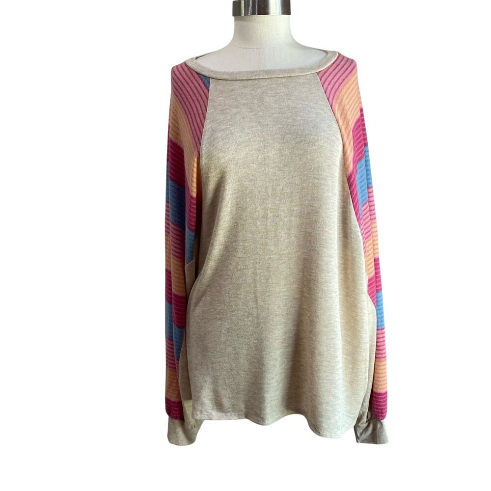 Sugarfox Boutique Oatmeal Rainbow Striped Print Long Sleeve Top‎ Size 1X